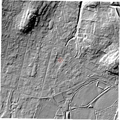 Shaded relief map of the ground around GU479AP, computed from Environment Agency LiDAR. The ground here sits at about 61 m above sea level and falls 16 m across the surrounding 800 m. Surface water reaching this point runs off ground lying to the north-east, 12.2 m higher.
