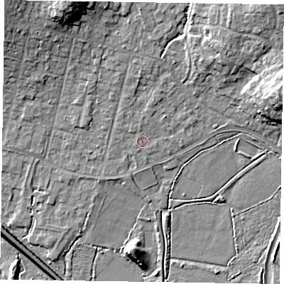 Shaded relief map of the ground around GU479AQ, computed from Environment Agency LiDAR. The ground here sits at about 60 m above sea level and falls 14 m across the surrounding 800 m. Surface water reaching this point runs off ground lying to the north-north-east, 1.5 m higher.