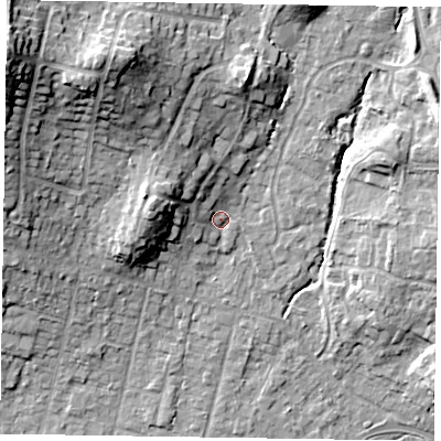 Shaded relief map of the ground around GU479AS, computed from Environment Agency LiDAR. The ground here sits at about 64 m above sea level and falls 27 m across the surrounding 800 m. Surface water reaching this point runs off ground lying to the west-north-west, 9.2 m higher.