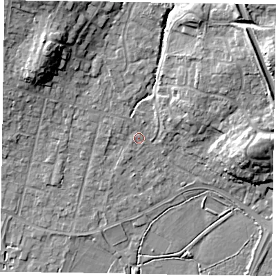 Shaded relief map of the ground around GU479AW, computed from Environment Agency LiDAR. The ground here sits at about 61 m above sea level and falls 18 m across the surrounding 800 m. Surface water reaching this point runs off ground lying to the east-north-east, 13.8 m higher.