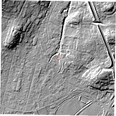 Shaded relief map of the ground around GU479BD, computed from Environment Agency LiDAR. The ground here sits at about 62 m above sea level and falls 21 m across the surrounding 800 m. Surface water reaching this point runs off ground lying to the east, 4.7 m higher.