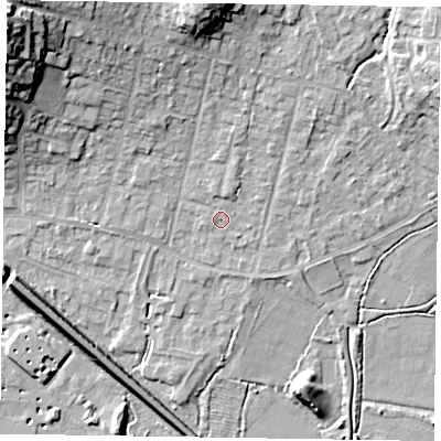 Shaded relief map of the ground around GU479BE, computed from Environment Agency LiDAR. The ground here sits at about 59 m above sea level and falls 22 m across the surrounding 800 m. Surface water reaching this point runs off ground lying to the north, 11.0 m higher.
