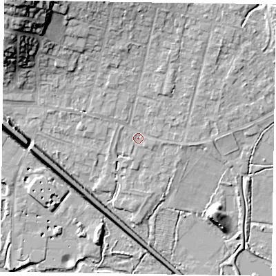 Shaded relief map of the ground around GU479BG, computed from Environment Agency LiDAR. The ground here sits at about 59 m above sea level and falls 23 m across the surrounding 800 m. Surface water reaching this point runs off ground lying to the north-north-east, 4.3 m higher.