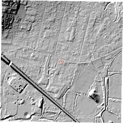 Shaded relief map of the ground around GU479BH, computed from Environment Agency LiDAR. The ground here sits at about 59 m above sea level and falls 22 m across the surrounding 800 m. Surface water reaching this point runs off ground lying to the north-east, 4.2 m higher.