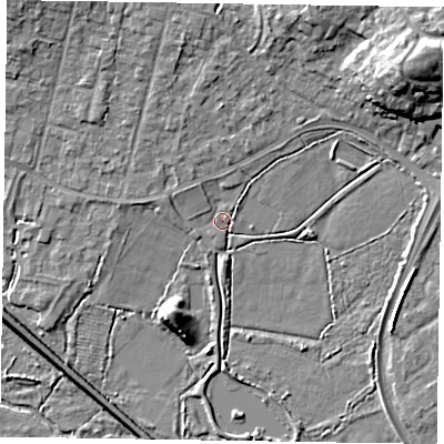 Shaded relief map of the ground around GU479BJ, computed from Environment Agency LiDAR. The ground here sits at about 58 m above sea level and falls 14 m across the surrounding 800 m. Surface water reaching this point runs off ground lying to the north-east, 12.0 m higher.