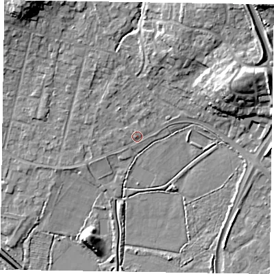 Shaded relief map of the ground around GU479BN, computed from Environment Agency LiDAR. The ground here sits at about 60 m above sea level and falls 17 m across the surrounding 800 m. Surface water reaching this point runs off ground lying to the north-east, 11.8 m higher.