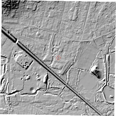 Shaded relief map of the ground around GU479BQ, computed from Environment Agency LiDAR. The ground here sits at about 58 m above sea level and falls 17 m across the surrounding 800 m. Surface water reaching this point runs off ground lying to the east-south-east, 0.5 m higher.
