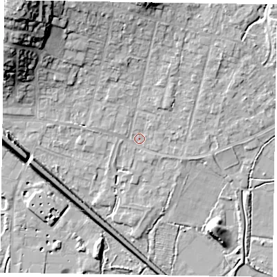 Shaded relief map of the ground around GU479BW, computed from Environment Agency LiDAR. The ground here sits at about 59 m above sea level and falls 23 m across the surrounding 800 m. Surface water reaching this point runs off ground lying to the north, 6.7 m higher.