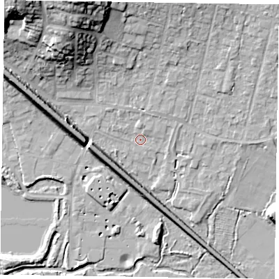 Shaded relief map of the ground around GU479BY, computed from Environment Agency LiDAR. The ground here sits at about 58 m above sea level and falls 24 m across the surrounding 800 m. Surface water reaching this point runs off ground lying to the north-east, 1.7 m higher.