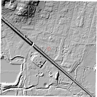 Shaded relief map of the ground around GU479BZ, computed from Environment Agency LiDAR. The ground here sits at about 58 m above sea level and falls 20 m across the surrounding 800 m. Surface water reaching this point runs off ground lying to the west-north-west, 6.8 m higher.