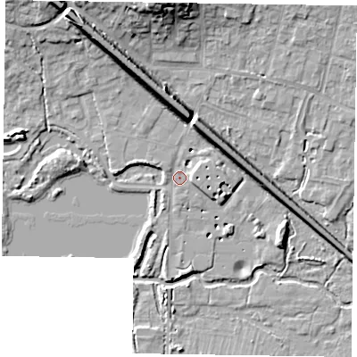 Shaded relief map of the ground around GU479DA, computed from Environment Agency LiDAR. The ground here sits at about 57 m above sea level and falls 15 m across the surrounding 800 m. Surface water reaching this point runs off ground lying to the north, 15.0 m higher.