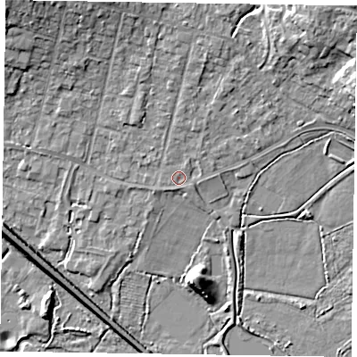 Shaded relief map of the ground around GU479DP, computed from Environment Agency LiDAR. The ground here sits at about 59 m above sea level and falls 12 m across the surrounding 800 m. Surface water reaching this point runs off ground lying to the north-east, 0.8 m higher.