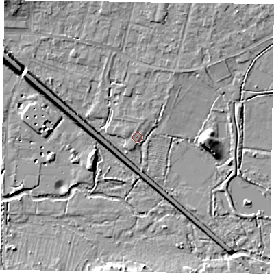 Shaded relief map of the ground around GU479DY, computed from Environment Agency LiDAR. The ground here sits at about 58 m above sea level and falls 11 m across the surrounding 800 m. Surface water reaching this point runs off ground lying to the north-north-east, 1.3 m higher.