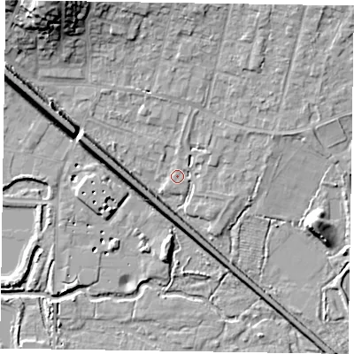 Shaded relief map of the ground around GU479DZ, computed from Environment Agency LiDAR. The ground here sits at about 58 m above sea level and falls 17 m across the surrounding 800 m. Surface water reaching this point runs off ground lying to the north, 4.7 m higher.