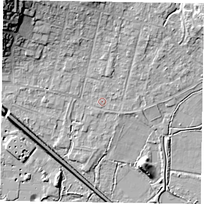 Shaded relief map of the ground around GU479ED, computed from Environment Agency LiDAR. The ground here sits at about 59 m above sea level and falls 22 m across the surrounding 800 m. Surface water reaching this point runs off ground lying to the north-east, 7.2 m higher.