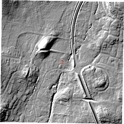 Shaded relief map of the ground around GU479RR, computed from Environment Agency LiDAR. The ground here sits at about 68 m above sea level and falls 21 m across the surrounding 800 m. Surface water reaching this point runs off ground lying to the north-north-west, 1.4 m higher.