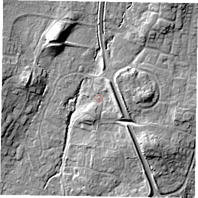 Shaded relief map of the ground around GU479RW, computed from Environment Agency LiDAR. The ground here sits at about 68 m above sea level and falls 15 m across the surrounding 800 m. Surface water reaching this point runs off ground lying to the east-south-east, 5.8 m higher.