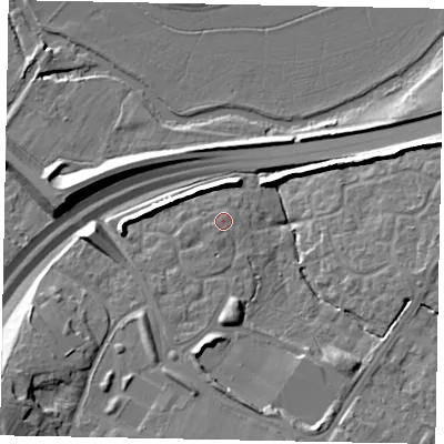 Shaded relief map of the ground around GU47FA, computed from Environment Agency LiDAR. The ground here sits at about 30 m above sea level and falls 16 m across the surrounding 800 m. Surface water reaching this point runs off ground lying to the south-south-west, 2.2 m higher.
