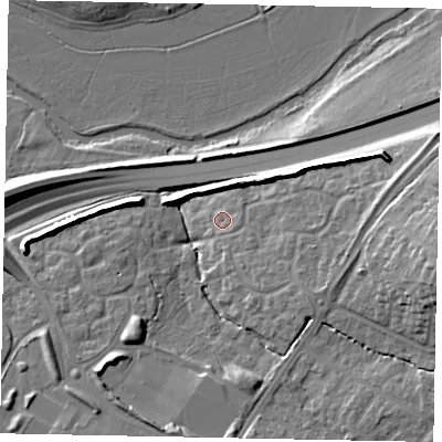 Shaded relief map of the ground around GU47FF, computed from Environment Agency LiDAR. The ground here sits at about 30 m above sea level and falls 18 m across the surrounding 800 m. Surface water reaching this point runs off ground lying to the east, 2.0 m higher.