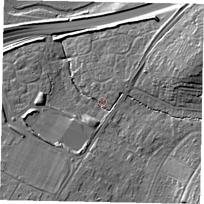 Shaded relief map of the ground around GU47FG, computed from Environment Agency LiDAR. The ground here sits at about 31 m above sea level and falls 19 m across the surrounding 800 m. Surface water reaching this point runs off ground lying to the north-east, 5.5 m higher.