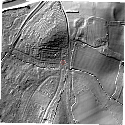 Shaded relief map of the ground around GU47JB, computed from Environment Agency LiDAR. The ground here sits at about 37 m above sea level and falls 24 m across the surrounding 800 m. Surface water reaching this point runs off ground lying to the east-north-east, 16.5 m higher.