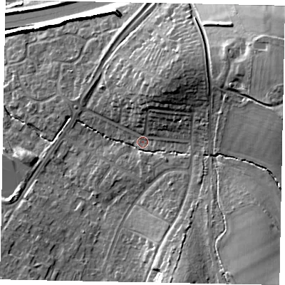 Shaded relief map of the ground around GU47JG, computed from Environment Agency LiDAR. The ground here sits at about 35 m above sea level and falls 28 m across the surrounding 800 m. Surface water reaching this point runs off ground lying to the east-north-east, 18.4 m higher.