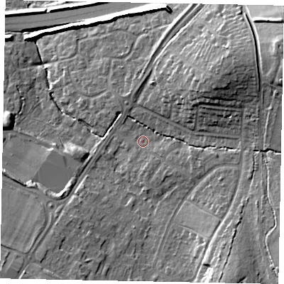 Shaded relief map of the ground around GU47JX, computed from Environment Agency LiDAR. The ground here sits at about 33 m above sea level and falls 22 m across the surrounding 800 m. Surface water reaching this point runs off ground lying to the east-north-east, 14.3 m higher.