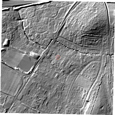 Shaded relief map of the ground around GU47JY, computed from Environment Agency LiDAR. The ground here sits at about 33 m above sea level and falls 21 m across the surrounding 800 m. Surface water reaching this point runs off ground lying to the east-south-east, 2.1 m higher.