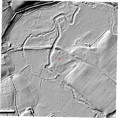 Shaded relief map of the ground around GU47NA, computed from Environment Agency LiDAR. The ground here sits at about 27 m above sea level and falls 12 m across the surrounding 800 m. Surface water reaching this point runs off ground lying to the east, 2.0 m higher.