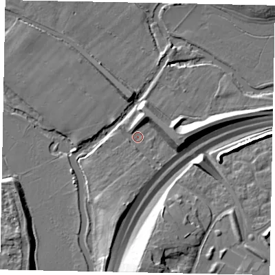 Shaded relief map of the ground around GU47ND, computed from Environment Agency LiDAR. The ground here sits at about 29 m above sea level and falls 17 m across the surrounding 800 m. Surface water reaching this point runs off ground lying to the east, 7.6 m higher.