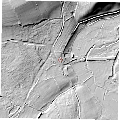Shaded relief map of the ground around GU47NZ, computed from Environment Agency LiDAR. The ground here sits at about 30 m above sea level and falls 24 m across the surrounding 800 m. Surface water reaching this point runs off ground lying to the north-west, 20.5 m higher.