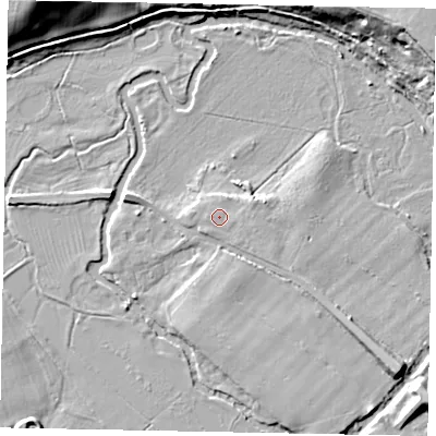 Shaded relief map of the ground around GU47PL, computed from Environment Agency LiDAR. The ground here sits at about 28 m above sea level and falls 18 m across the surrounding 800 m. Surface water reaching this point runs off ground lying to the east-north-east, 0.9 m higher.