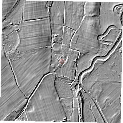 Shaded relief map of the ground around GU47QQ, computed from Environment Agency LiDAR. The ground here sits at about 24 m above sea level and falls 5 m across the surrounding 800 m. Surface water reaching this point runs off ground lying to the south-south-west, 0.9 m higher.
