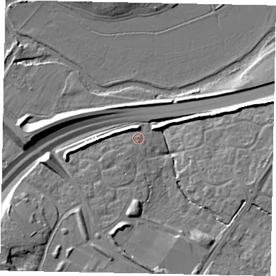 Shaded relief map of the ground around GU47RD, computed from Environment Agency LiDAR. The ground here sits at about 29 m above sea level and falls 15 m across the surrounding 800 m. Surface water reaching this point runs off ground lying to the east-north-east, 11.0 m higher.