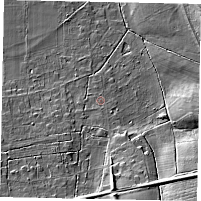 Shaded relief map of the ground around GU47TZ, computed from Environment Agency LiDAR. The ground here sits at about 47 m above sea level and falls 19 m across the surrounding 800 m. Surface water reaching this point runs off ground lying to the south, 12.9 m higher.