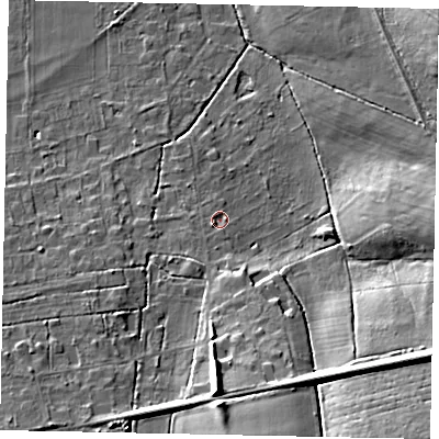 Shaded relief map of the ground around GU47UE, computed from Environment Agency LiDAR. The ground here sits at about 47 m above sea level and falls 20 m across the surrounding 800 m. Surface water reaching this point runs off ground lying to the south-south-west, 3.0 m higher.