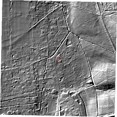 Shaded relief map of the ground around GU47UF, computed from Environment Agency LiDAR. The ground here sits at about 46 m above sea level and falls 20 m across the surrounding 800 m. Surface water reaching this point runs off ground lying to the south-south-west, 2.3 m higher.
