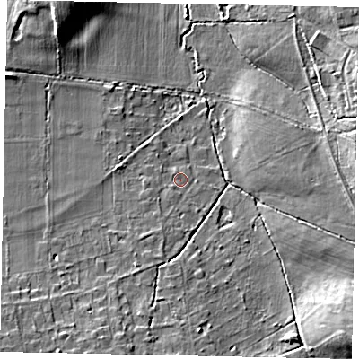 Shaded relief map of the ground around GU47UG, computed from Environment Agency LiDAR. The ground here sits at about 43 m above sea level and falls 14 m across the surrounding 800 m. Surface water reaching this point runs off ground lying to the south-south-west, 3.2 m higher.