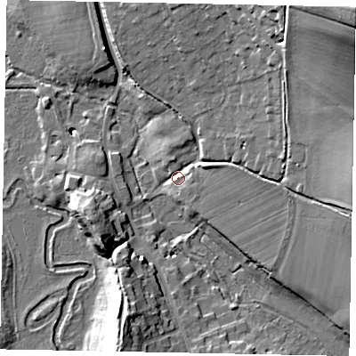 Shaded relief map of the ground around GU48AE, computed from Environment Agency LiDAR. The ground here sits at about 36 m above sea level and falls 47 m across the surrounding 800 m. Surface water reaching this point runs off ground lying to the north-east, 43.8 m higher.