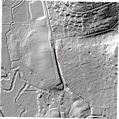 Shaded relief map of the ground around GU48BL, computed from Environment Agency LiDAR. The ground here sits at about 39 m above sea level and falls 36 m across the surrounding 800 m. Surface water reaching this point runs off ground lying to the east-north-east, 6.1 m higher.