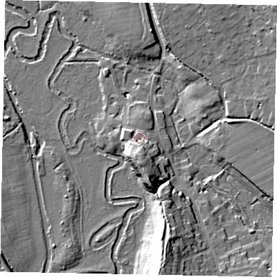 Shaded relief map of the ground around GU48BP, computed from Environment Agency LiDAR. The ground here sits at about 36 m above sea level and falls 17 m across the surrounding 800 m. Surface water reaching this point runs off ground lying to the south, 8.1 m higher.