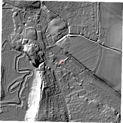 Shaded relief map of the ground around GU48BS, computed from Environment Agency LiDAR. The ground here sits at about 33 m above sea level and falls 26 m across the surrounding 800 m. Surface water reaching this point runs off ground lying to the south-south-west, 14.9 m higher.