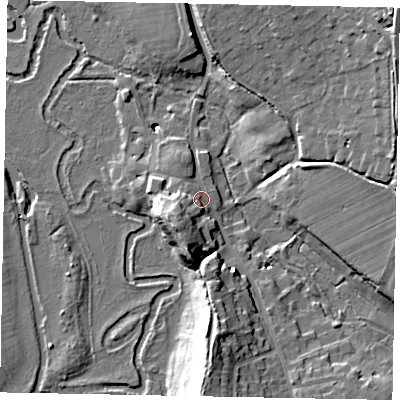 Shaded relief map of the ground around GU48BT, computed from Environment Agency LiDAR. The ground here sits at about 35 m above sea level and falls 22 m across the surrounding 800 m. Surface water reaching this point runs off ground lying to the south-west, 9.1 m higher.