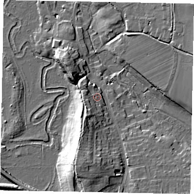 Shaded relief map of the ground around GU48BU, computed from Environment Agency LiDAR. The ground here sits at about 38 m above sea level and falls 17 m across the surrounding 800 m. Surface water reaching this point runs off ground lying to the south-west, 6.8 m higher.