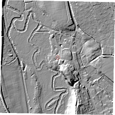 Shaded relief map of the ground around GU48BW, computed from Environment Agency LiDAR. The ground here sits at about 34 m above sea level and falls 15 m across the surrounding 800 m. Surface water reaching this point runs off ground lying to the south-south-east, 9.9 m higher.