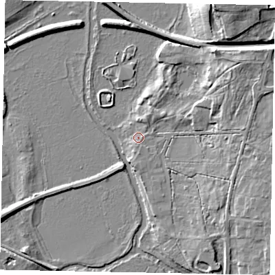 Shaded relief map of the ground around GU48DP, computed from Environment Agency LiDAR. The ground here sits at about 34 m above sea level and falls 15 m across the surrounding 800 m. Surface water reaching this point runs off ground lying to the north-east, 8.9 m higher.