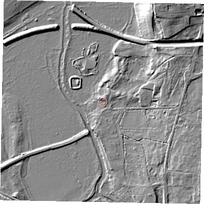 Shaded relief map of the ground around GU48DR, computed from Environment Agency LiDAR. The ground here sits at about 34 m above sea level and falls 15 m across the surrounding 800 m. Surface water reaching this point runs off ground lying to the east-north-east, 8.6 m higher.