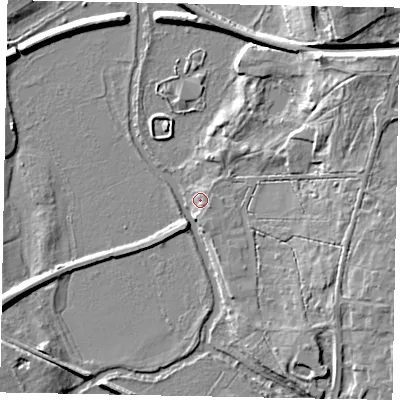 Shaded relief map of the ground around GU48DS, computed from Environment Agency LiDAR. The ground here sits at about 34 m above sea level and falls 14 m across the surrounding 800 m. Surface water reaching this point runs off ground lying to the east-south-east, 2.3 m higher.