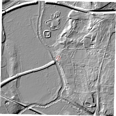 Shaded relief map of the ground around GU48DT, computed from Environment Agency LiDAR. The ground here sits at about 34 m above sea level and falls 13 m across the surrounding 800 m. Surface water reaching this point runs off ground lying to the west-south-west, 7.1 m higher.