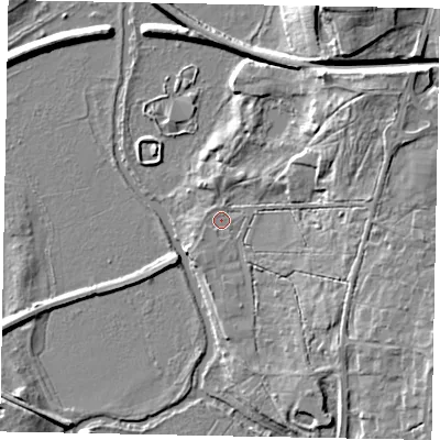 Shaded relief map of the ground around GU48DW, computed from Environment Agency LiDAR. The ground here sits at about 34 m above sea level and falls 14 m across the surrounding 800 m. Surface water reaching this point runs off ground lying to the east-south-east, 7.7 m higher.